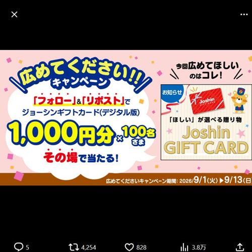 ジョーシンギフトカード(デジタル版) 広めてくださいキャンペーン第2弾の詳細