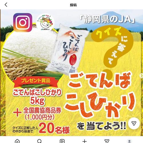 静岡県産米「ごてんばこしひかり」が当たる!クイズキャンペーンの詳細